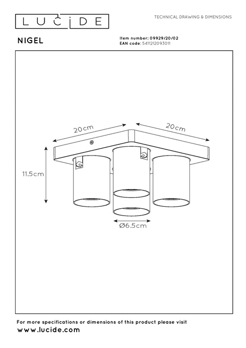 Lucide NIGEL - Spot plafond - LED Dim to warm - GU10 - 4x5W 2200K/3000K - Or Mat / Laiton - technique